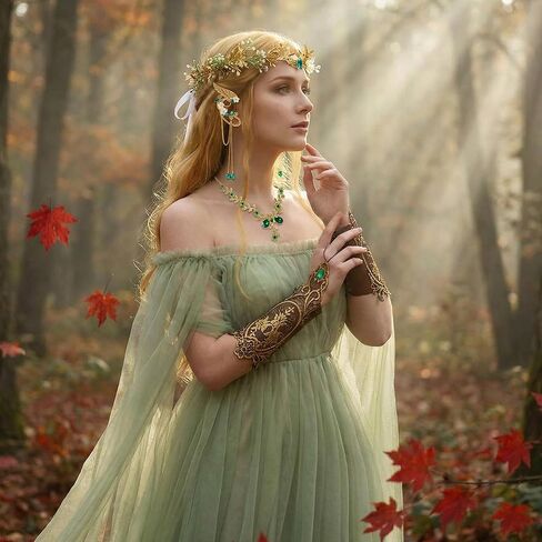 4 Pcs Green Fairy Elf Renaissance Accessories Set, Include Fairy Flower Moon Headpiece Elf Ear Cuffs Medieval Fingerless Gloves Emerald Green Necklace for Women Halloween Wedding Cosplay in Kuwait