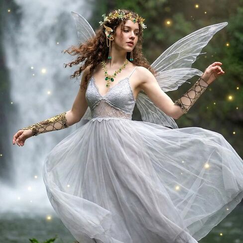 4 Pcs Green Fairy Elf Renaissance Accessories Set, Include Fairy Flower Moon Headpiece Elf Ear Cuffs Medieval Fingerless Gloves Emerald Green Necklace for Women Halloween Wedding Cosplay in Kuwait