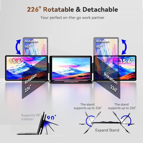موسع شاشة الكمبيوتر المحمول 14 "شاشات ، تعمل ل MACOS [مضمنة M1/M2 M3] ， Windows ، Triple Portable 1080p Tri-Screen USB A/Type C Monitor Portable لـ 14" -17.3 "كمبيوتر محمول (كابل واحد) in Kuwait