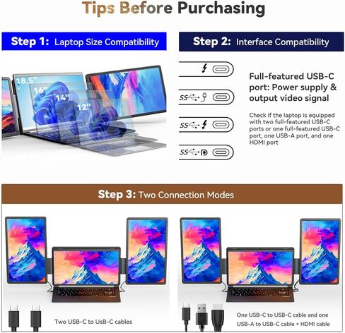 موسع شاشة الكمبيوتر المحمول 14 "شاشات ، تعمل ل MACOS [مضمنة M1/M2 M3] ， Windows ، Triple Portable 1080p Tri-Screen USB A/Type C Monitor Portable لـ 14" -17.3 "كمبيوتر محمول (كابل واحد) in Kuwait