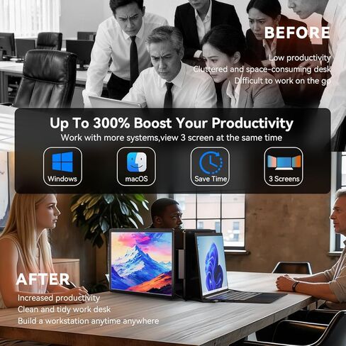 موسع شاشة الكمبيوتر المحمول 14 "شاشات ، تعمل ل MACOS [مضمنة M1/M2 M3] ， Windows ، Triple Portable 1080p Tri-Screen USB A/Type C Monitor Portable لـ 14" -17.3 "كمبيوتر محمول (كابل واحد) in Kuwait