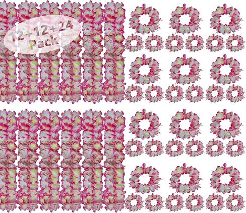 48 قطعة من زهرة هاواي البرتقالية من Leis لحفلة Luau جامبو 12 عصابة رأس و24 سوارًا و12 قلادة ماردي غرا لعيد القديس باتريك للكبار إكليل الزهور ورقص الهولا وحفلات التخرج in Kuwait