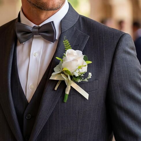 Catery White Rose Boutonniere for Men Flowers Boutonniere for Groom in Kuwait