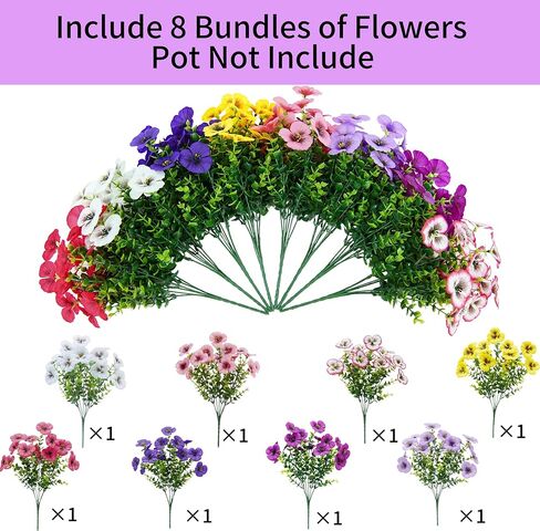 Artificial Pansy Flowers 8 Assorted Colors UV Resistant Faux Silk Flowers for Outdoor Indoor Porch Garden Window Box Patio Planters Decor 8pcs in Saudi Arabia