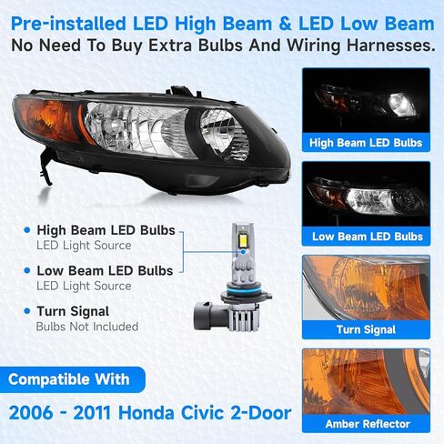 ELH W/Led Bulbs Headlight Assembly Fit For 2006-2011 Honda Civic 2 Door Coupe 2006 2007 2008 2009 2010 2011 06 07 08 09 10 11 Honda Civic (No-Fogging, Includes LED Bulbs) in Kuwait