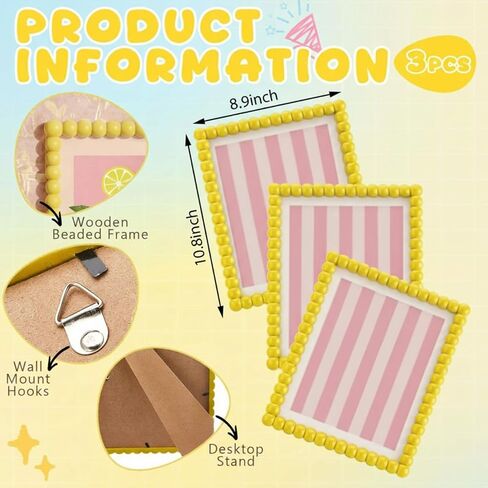 3 Pcs Beaded Picture Frames 8x10 Inch Yellow Picture Frame Maximalist Decorative Wavy Art Front Tabletop Display Wall Hanging, Gift for Home Decoration in Kuwait