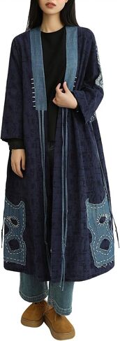 Women's Blue Denim Patchwork Kimono Jacket Loose Cardigan Spring Fall Floral Print Outerwear in Kuwait