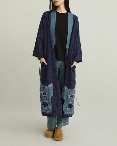 Women's Blue Denim Patchwork Kimono Jacket Loose Cardigan Spring Fall Floral Print Outerwear in Kuwait