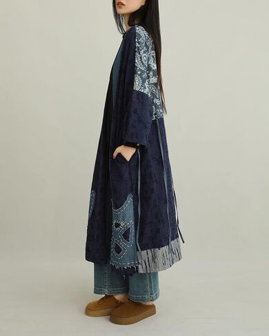 Women's Blue Denim Patchwork Kimono Jacket Loose Cardigan Spring Fall Floral Print Outerwear in Kuwait