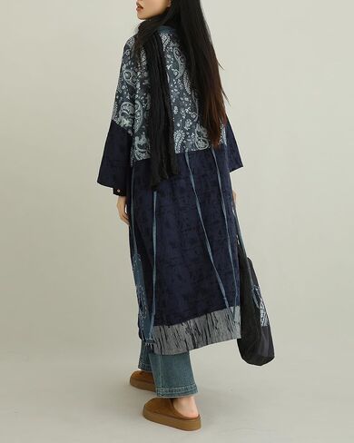 Women's Blue Denim Patchwork Kimono Jacket Loose Cardigan Spring Fall Floral Print Outerwear in Kuwait
