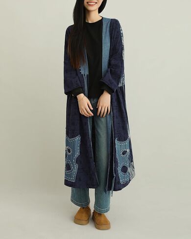 Women's Blue Denim Patchwork Kimono Jacket Loose Cardigan Spring Fall Floral Print Outerwear in Kuwait