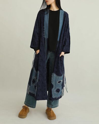 Women's Blue Denim Patchwork Kimono Jacket Loose Cardigan Spring Fall Floral Print Outerwear in Kuwait