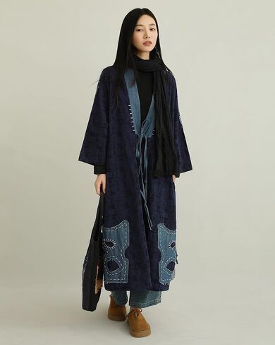 Women's Blue Denim Patchwork Kimono Jacket Loose Cardigan Spring Fall Floral Print Outerwear in Kuwait