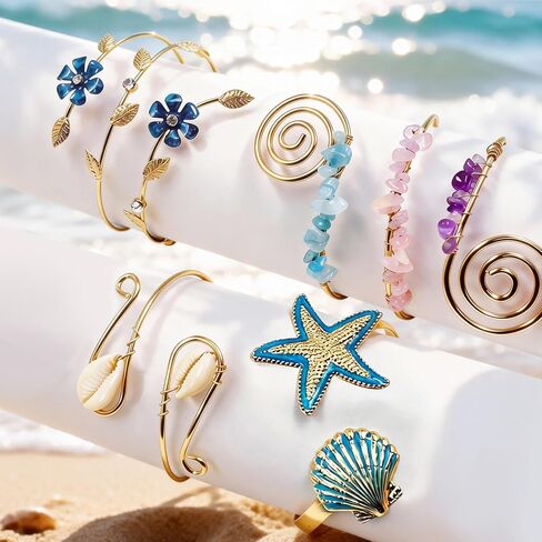 SNAIL GARDEN 4 قطع من أساور الذراع، أساور أكمام صيفية للنساء، طبقة مزدوجة مفتوحة من المجوهرات، مجموعة أساور ذهبية قابلة للتعديل للمهرجانات والشاطئ in Saudi Arabia