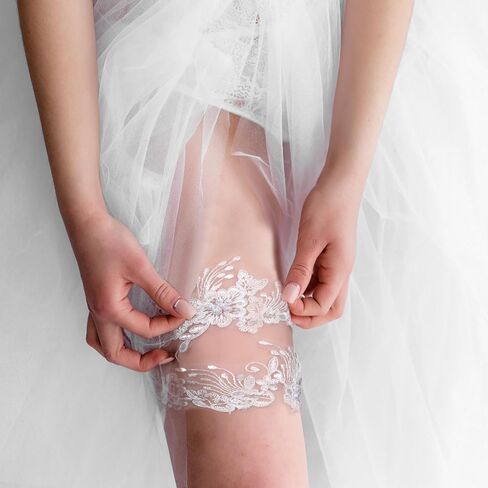 2pcs Garters For Bride Wedding Garter For Bride White Garter Belt Bridal Thigh Garters Sexy Lace Leg Belt Lace Flower Thigh with Stretchy Soft Hand Sewn Faux Pearls Accessories for Women and Girls in Kuwait
