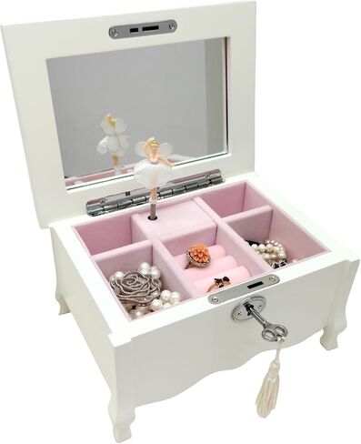 صندوق مجوهرات موسيقي أبيض للفتيات والنساء، صندوق مجوهرات موسيقي متوسط ​​القدم مع قفل، مرآة، منظم مجوهرات للأطفال، هدية مثالية لعيد الميلاد وعيد الميلاد وديكور المنزل للعام الجديد، 8x6x4.3 in Kuwait