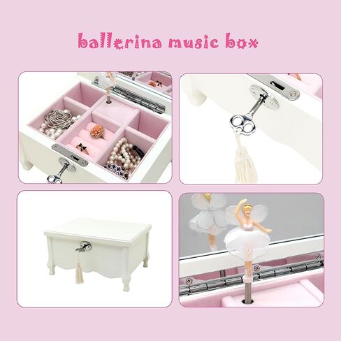 صندوق مجوهرات موسيقي أبيض للفتيات والنساء، صندوق مجوهرات موسيقي متوسط ​​القدم مع قفل، مرآة، منظم مجوهرات للأطفال، هدية مثالية لعيد الميلاد وعيد الميلاد وديكور المنزل للعام الجديد، 8x6x4.3 in Kuwait