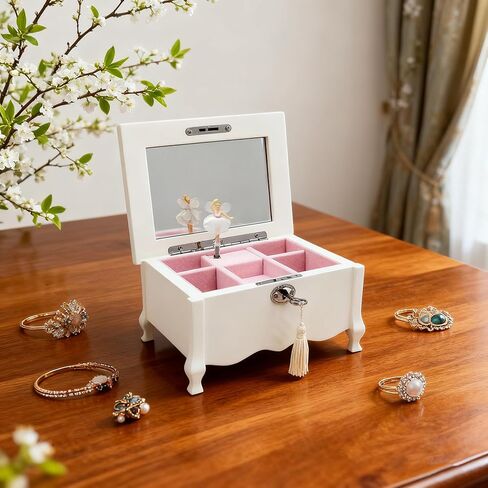 صندوق مجوهرات موسيقي أبيض للفتيات والنساء، صندوق مجوهرات موسيقي متوسط ​​القدم مع قفل، مرآة، منظم مجوهرات للأطفال، هدية مثالية لعيد الميلاد وعيد الميلاد وديكور المنزل للعام الجديد، 8x6x4.3 in Kuwait