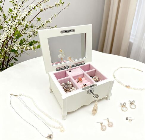 صندوق مجوهرات موسيقي أبيض للفتيات والنساء، صندوق مجوهرات موسيقي متوسط ​​القدم مع قفل، مرآة، منظم مجوهرات للأطفال، هدية مثالية لعيد الميلاد وعيد الميلاد وديكور المنزل للعام الجديد، 8x6x4.3 in Kuwait