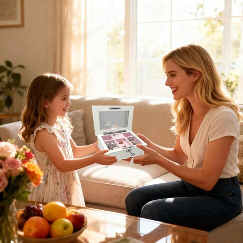 صندوق مجوهرات موسيقي أبيض للفتيات والنساء، صندوق مجوهرات موسيقي متوسط ​​القدم مع قفل، مرآة، منظم مجوهرات للأطفال، هدية مثالية لعيد الميلاد وعيد الميلاد وديكور المنزل للعام الجديد، 8x6x4.3 in Kuwait