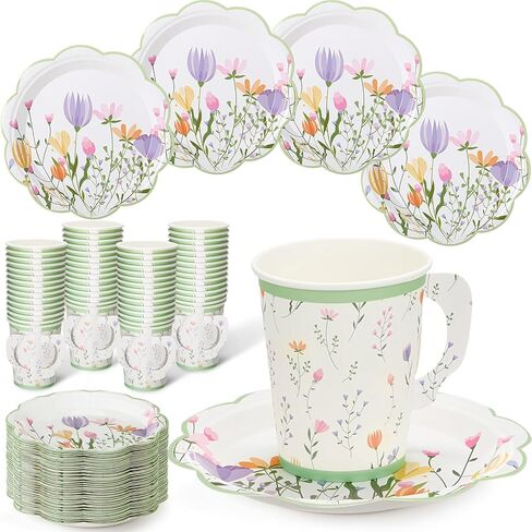 200 Pcs Floral Paper Tea Cups and Saucers Set, Severs 100 Disposable Tea Party Supplies 9 oz Paper Tea Cups with Handle and Saucer for Birthday Wedding Tea Party Decorations in Kuwait