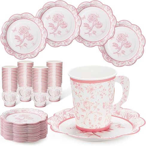 200 Pcs Floral Paper Tea Cups and Saucers Set, Severs 100 Disposable Tea Party Supplies 9 oz Paper Tea Cups with Handle and Saucer for Birthday Wedding Tea Party Decorations in Kuwait