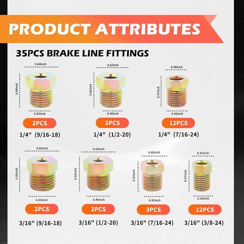 35PCS Brake Line Fittings Kit,Steel Brake Line Tubing Kit for 1/4" & 3/16" Brakes Lines Union,Inverted Flares Brakes Lines Repair Kits of Car Tools for Maintenance Hydraulic Systems in Kuwait