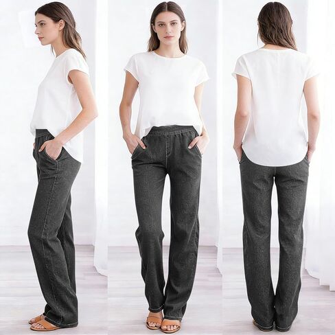 Jeans for Women Denim Pants High Waisted Straight Leg Stretch Pant Casual Elastic Waist Trousers with Pockets in Saudi Arabia