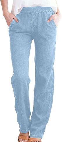 Jeans for Women Denim Pants High Waisted Straight Leg Stretch Pant Casual Elastic Waist Trousers with Pockets in Saudi Arabia