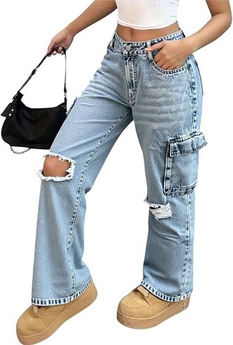Cargo Pants for Women Streetwear Ripped Distressed Straight Leg Pants Trendy Baggy Denim Jeans with Flap Pocket Pants in Saudi Arabia