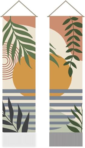 AHANDMAKER Pack of 2 Sunset Landscape Tapestry, Boho Leaves Modern Plant Vertical Long Aesthetic Tapestry, Doorway Curtain Tassel Wall Hanging for Bedroom Living Room, 13 x 51 Inch in Saudi Arabia