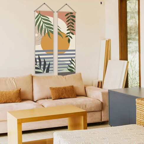 AHANDMAKER Pack of 2 Sunset Landscape Tapestry, Boho Leaves Modern Plant Vertical Long Aesthetic Tapestry, Doorway Curtain Tassel Wall Hanging for Bedroom Living Room, 13 x 51 Inch in Saudi Arabia