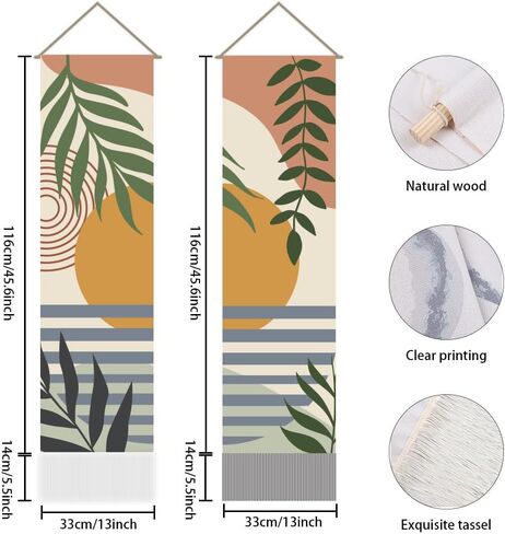 AHANDMAKER Pack of 2 Sunset Landscape Tapestry, Boho Leaves Modern Plant Vertical Long Aesthetic Tapestry, Doorway Curtain Tassel Wall Hanging for Bedroom Living Room, 13 x 51 Inch in Saudi Arabia