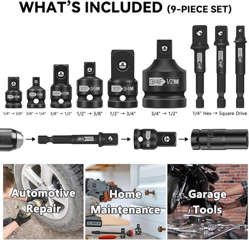 9 Piece Impact Socket Adapter and Reducer Set,1/4", 3/8", 1/2", 3/4" Drive Socket Adapter Set for Impact Driver Conversions, Impact Wrench Conversion Kit Socket Reducer, Locking Socket Adapter Set in Kuwait