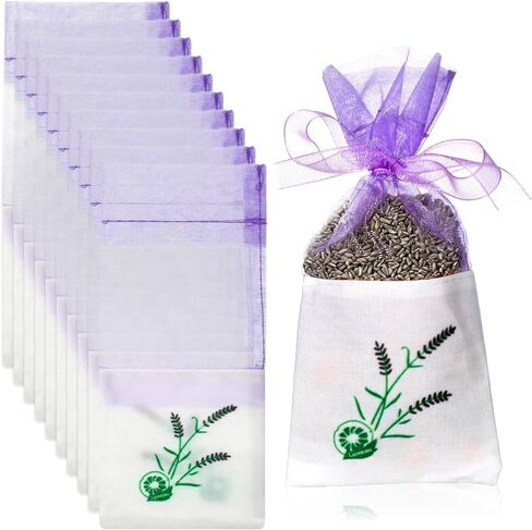 25 Pack Sachet Bags Empty, Lavender Sachets, Purple Organza Pouches with Ribbons for Buds Drawstring Bags in Kuwait