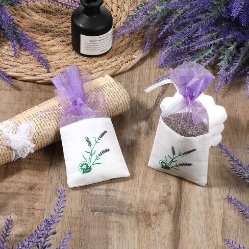 25 Pack Sachet Bags Empty, Lavender Sachets, Purple Organza Pouches with Ribbons for Buds Drawstring Bags in Kuwait