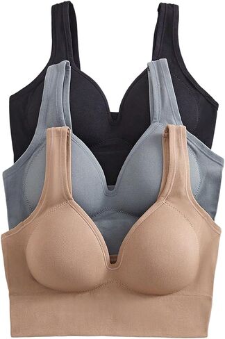 OYOANGLE Women's 3 Pack Seamless Push Up Bras Plunging Neck Padded Wireless Bralettes in Saudi Arabia