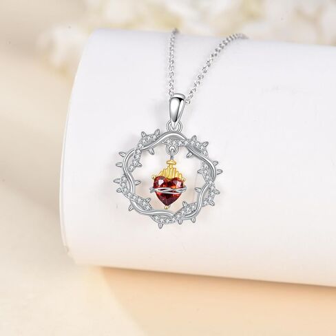 Sacred Heart Necklace 925 Sterling Silver Thorns Cross Pendant God's Love Jewelry-Flaming Heart Amulet Gifts for Women in Saudi Arabia