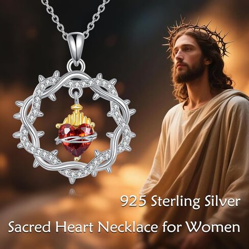 Sacred Heart Necklace 925 Sterling Silver Thorns Cross Pendant God's Love Jewelry-Flaming Heart Amulet Gifts for Women in Saudi Arabia