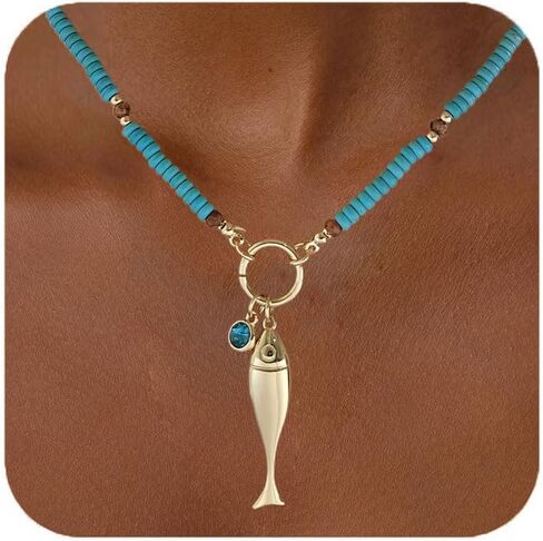 CLASSYZINT Gold Fish Necklace Blue Bead Necklace Boho Ocean Necklace Summer Jewelry for Women in Saudi Arabia