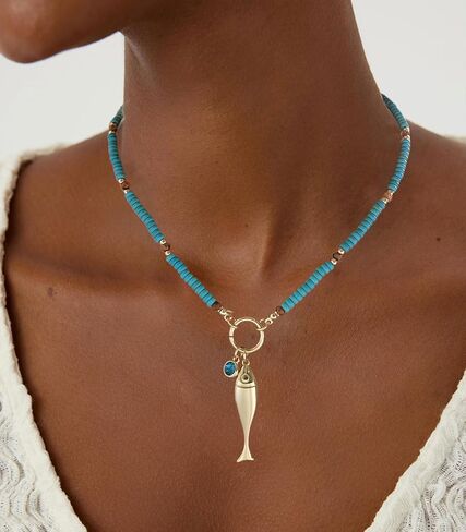 CLASSYZINT Gold Fish Necklace Blue Bead Necklace Boho Ocean Necklace Summer Jewelry for Women in Saudi Arabia