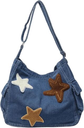 Vintage Star Denim Messenger Bag, Aesthetic Y2K Jean Tote Bag for Women Men, Casual Retro Hobo Bag for Travel Vacation Work in Kuwait
