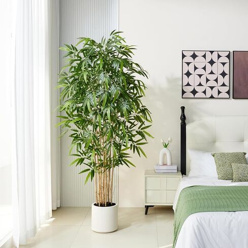 Fake Bamboo Plants - 6.5FT Tall Artificial Bamboo Tree with White Planter and Real Wood Poles - Lifelike Silk Faux Potted Plants for Indoor Home Office Decor in Kuwait