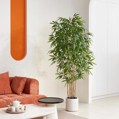 Fake Bamboo Plants - 6.5FT Tall Artificial Bamboo Tree with White Planter and Real Wood Poles - Lifelike Silk Faux Potted Plants for Indoor Home Office Decor in Kuwait