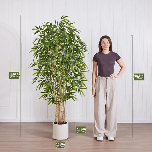 Fake Bamboo Plants - 6.5FT Tall Artificial Bamboo Tree with White Planter and Real Wood Poles - Lifelike Silk Faux Potted Plants for Indoor Home Office Decor in Kuwait