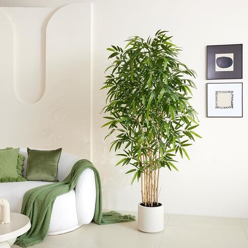 Fake Bamboo Plants - 6.5FT Tall Artificial Bamboo Tree with White Planter and Real Wood Poles - Lifelike Silk Faux Potted Plants for Indoor Home Office Decor in Kuwait