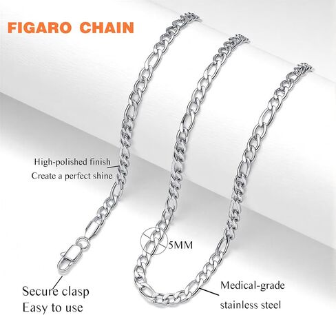 5mm/7mm Stainless Steel Figaro Chain for Men, Mens SIlver Chain Necklace Jewelry Gift, 18-26 Inches in Saudi Arabia