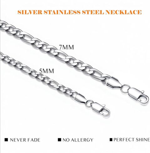 5mm/7mm Stainless Steel Figaro Chain for Men, Mens SIlver Chain Necklace Jewelry Gift, 18-26 Inches in Saudi Arabia
