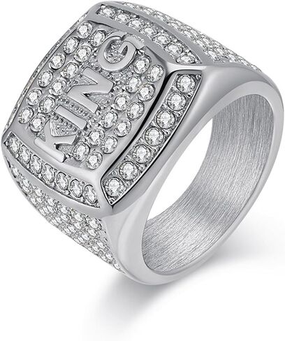 King Rings for Men 18K White/Yellow Gold Plated Stainless Steel Hip-Hop Full Diamond Signet Ring Size 8-12 in Kuwait