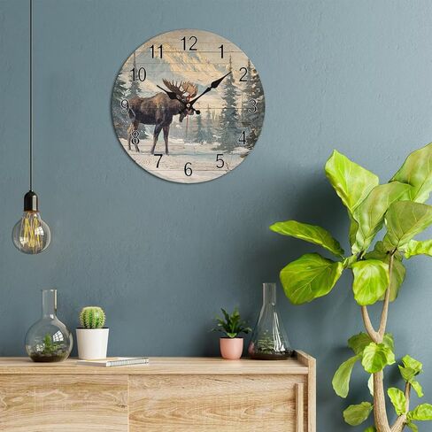 Vintage Moose Mountain Landscape Wall Clock - 10 Inch Silent Non-Ticking Decorative Clock - Rustic Farmhouse Decor for Farmhouse Living Room Bedroom Decor in Saudi Arabia